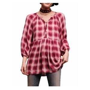 MAEVE Peplum Pink Plaid Cavalon Boho 3/4 Sleeve Shirt Large